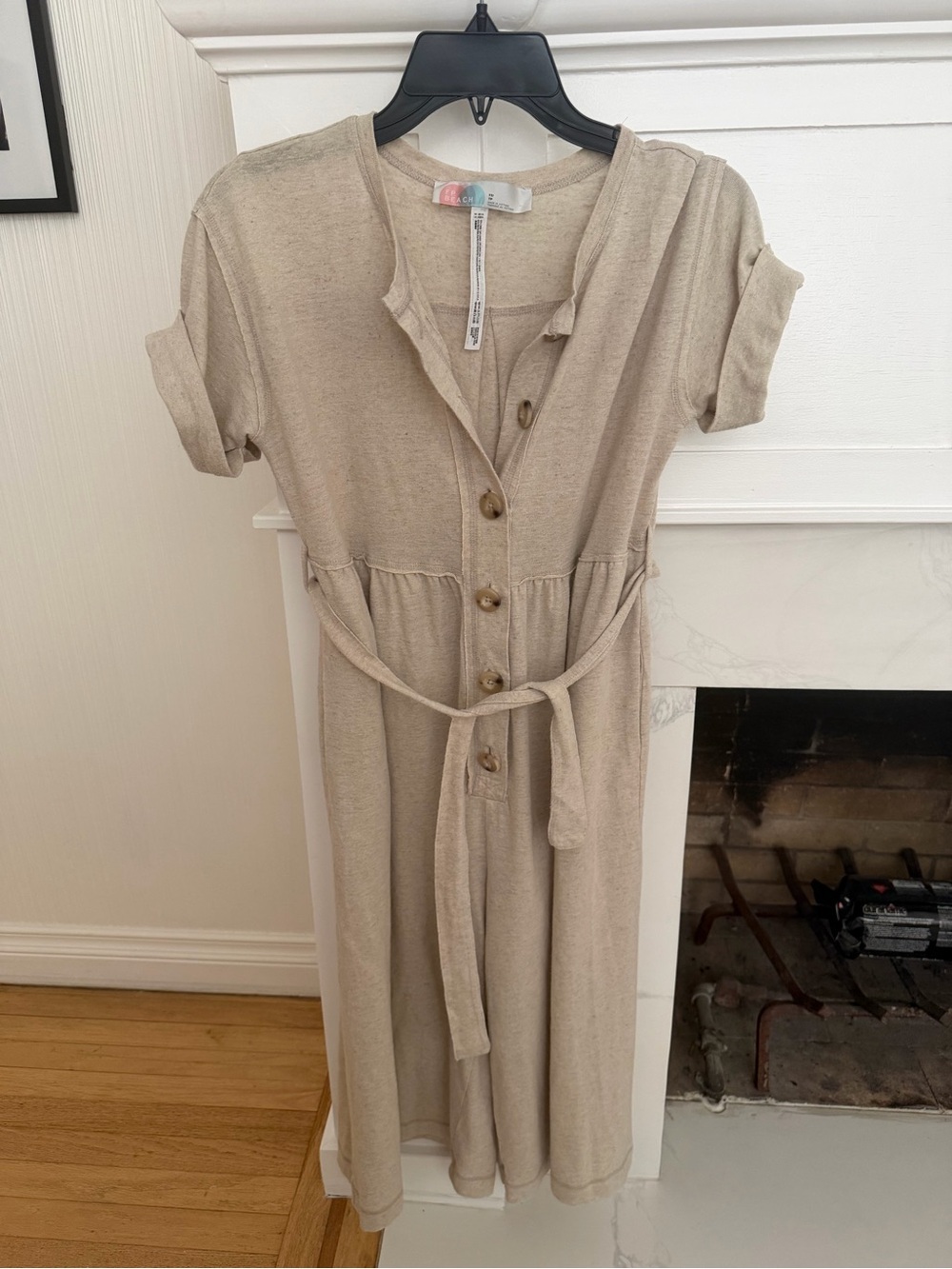 Free People Beige Button-Front Jumpsuit with Tie Waist